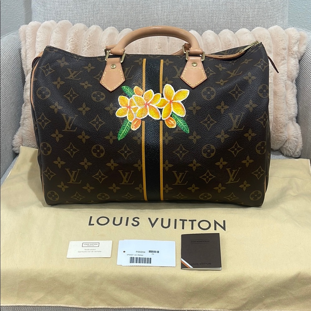 Louis Vuitton Brown and Yellow Travel Bag with Monogram and Floral Design